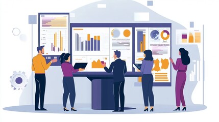 Vector illustration of office people: Executing digital marketing with strategic content planning and insights
