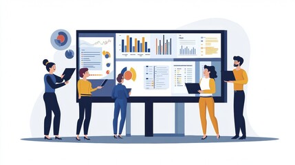 Vector illustration of office people: Executing digital marketing with strategic content planning and insights