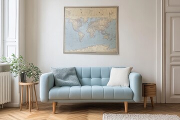 Fototapeta premium A serene living room with a blue sofa, plant, and world map on white walls.