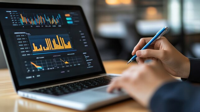 An analyst using a data analytics dashboard to review sales and market data, modern tech-focused environment