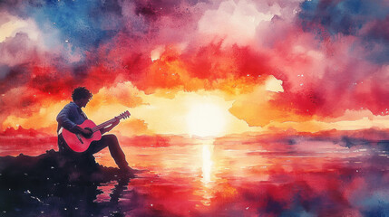 Obraz premium Pink watercolor painting of a musician man playing guitar at beach