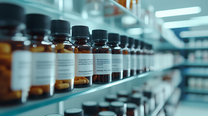 A close-up of neatly arranged pharmacy shelves displaying a wide selection of medicinal tablets, syrups, and ointments, with clear labels offering easy access to healthcare solutio