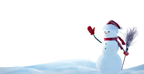 Cute smiling snowman with red scarf and hat with a broom in his hand isolated on transparent background
