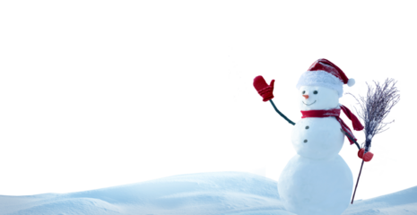 Cute smiling snowman with red scarf and hat with a broom in his hand isolated on transparent background
