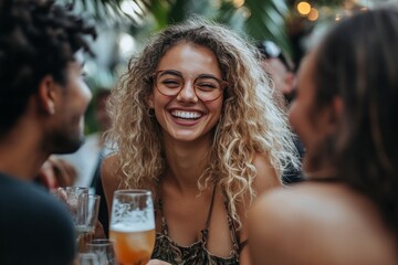 Happy young friends enjoying outdoor gathering with drinks and laughter, Generative AI