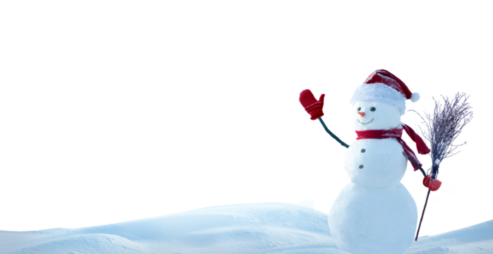 Cute smiling snowman with red scarf and hat with a broom in his hand isolated on transparent background
