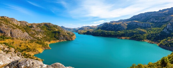 Obraz premium A serene lake surrounded by mountains under a clear blue sky, with vibrant turquoise waters reflecting the landscape.