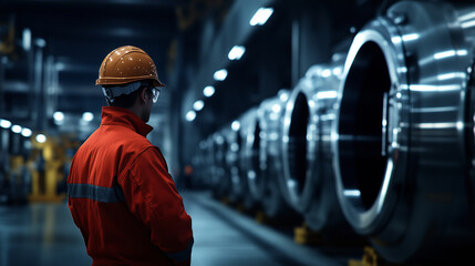 A dramatic shot of an aluminum worker inspecting a newly manufactured product, with large machines and industrial equipment in the background, symbolizing quality control and preci