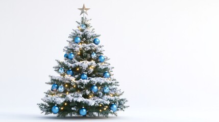 snowy christmas tree with blue ornaments isolated on white
