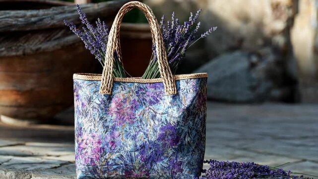 A floral tote bag sits on a stone pathway, surrounded by sprigs of lavender