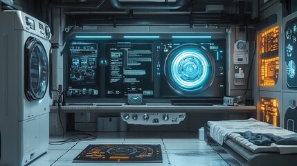 Futuristic laundry room with advanced washing machine and holographic interfaces