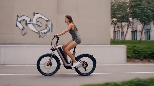 Young Woman Enjoys a Smooth Ride on a Modern Electric Bicycle, Embracing Sustainable Urban Transportation