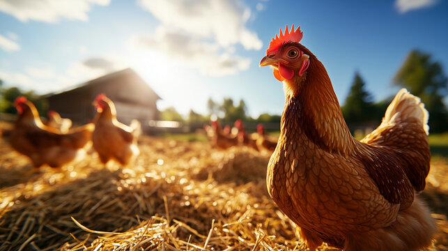 A dynamic view of a busy organic farm, featuring hens moving between straw-filled nesting boxes and a sunny outdoor area, representing the balance of nature and farming.