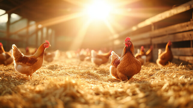 An idyllic rural landscape showcasing an organic farm with a hen coop, where hens happily nest in straw while sunlight streams down, highlighting the harmony of sustainable practic