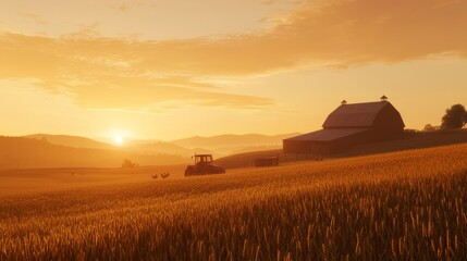 Obraz premium Golden Hour Glow: Serene American Countryside with Vintage Barn, Tractor, and Chickens under Dramatic Sunset Sky - Ultra-Detailed, Cinematic Light