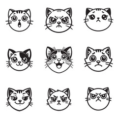 Fototapeta premium Set of Cute Cat face Outline Vector illustration - Cute kitten head Lineart Design 