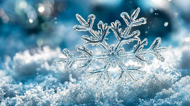 A single snowflake sits on the fresh, white snow with a blue sky backdrop