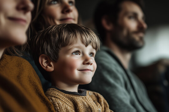 Family attending a local performance or show, shared experiences.A family is sitting together in a theater watching a movie together