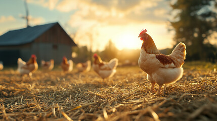 A dynamic shot of an organic farm with hens roaming freely outside their straw-filled coop, illustrating the principles of free-range and sustainable agriculture.
