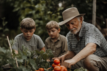 Grandparents and grandchildren gardening together, nurturing and growth.An elderly man and two boys are picking tomatoes in a garden