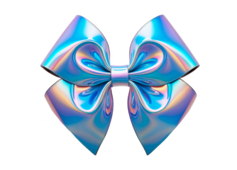 3D chrome element in Y2K style, isolated background, liquid holographic metal. Blue bow with a shiny, iridescent surface, metallic sheen.