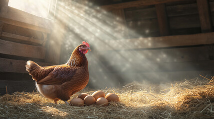 A peaceful morning scene of a brown hen nestled among her eggs in a sunlit corner of the barn, with beams of light highlighting the textures of the hay and the hen's feathers.