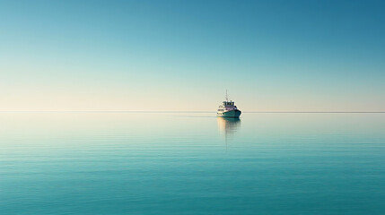Obraz premium A Solitary Boat Glides Across the Calm, Tranquil Waters of a Serene Lake at Dawn Under a Clear Blue Sky