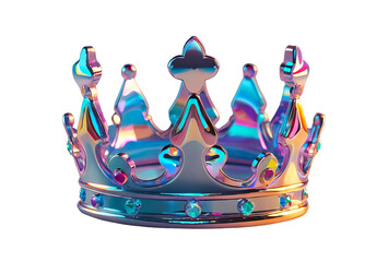 3D chrome element in Y2K style, isolated background, liquid holographic metal. A shiny, colorful crown with a blue and purple design.