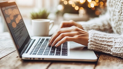 A Person Typing on a Laptop With a Warm Coffee Cup Nearby During a Cozy Indoor Setting With Festive Lights in the Background