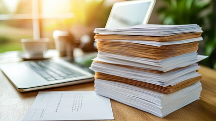 Fototapeta premium A Workspace With a Stack of Documents Beside a Laptop and a Steaming Coffee Cup During a Sunny Afternoon