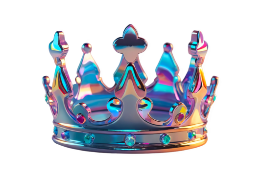 3D chrome element in Y2K style, isolated background, liquid holographic metal. A shiny, colorful crown with a blue and purple design.