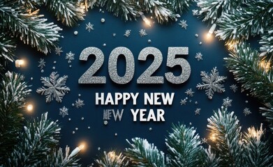 Glittering 2025 new year message with silver numbers on dark blue background surrounded by fir branches and decorative snowflakes