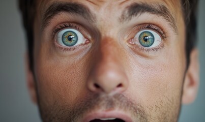 Fototapeta premium Close-up of a man's surprised expression with extremely wide eyes, highlighting emotions and details.
