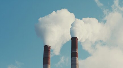 Close-up of two large smokestacks emitting thick white clouds against the blue sky,