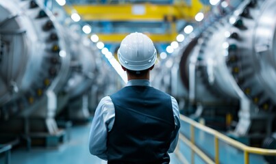 Engineer observes machinery in a large industrial facility during daylight.