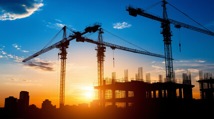 A serene moment on a construction site during sunset, with silhouettes of cranes and incomplete buildings, conveying a sense of progress and the promise of new beginnings in urban