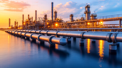 Fototapeta premium Industrial Oil Refinery at Sunset With Illuminated Pipelines Reflecting in Calm Waters Near a Coastal Location