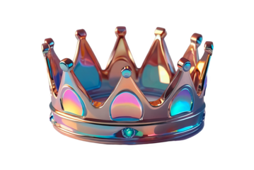 3D chrome element in Y2K style, isolated background, liquid holographic metal. A gold and blue crown with a rainbow design made of metal and has a shiny, metallic appearance.