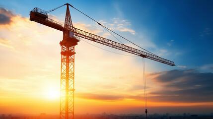 A dramatic image of a tower crane extending towards the sky, lifting steel beams as the sun sets behind it, symbolizing the ambition and growth of urban landscapes.
