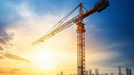 A dramatic image of a tower crane extending towards the sky, lifting steel beams as the sun sets behind it, symbolizing the ambition and growth of urban landscapes.