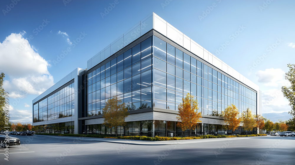 Canvas Prints Modern office building with large glass windows and autumn trees.