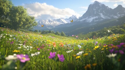 Majestic American Countryside Landscape with Vibrant Wildflower Meadow and Butterflies in Ultra-Detailed Cinematic Light