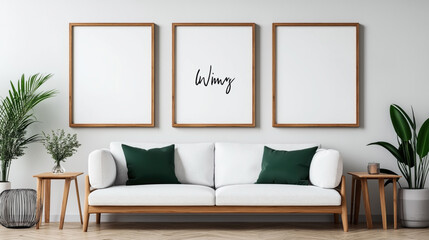 Modern living room interior with white sofa, wooden frames, green pillows, and indoor plants on wooden side tables