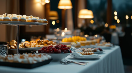A charming scene of an elegantly set buffet, filled with an assortment of pastries and fresh fruits, with soft, warm lighting enhancing the inviting ambiance of the restaurant.