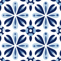 Fototapeta premium Vintage Blue Tile geometric design seamless pattern with ornamental element. Traditional Portuguese azulejo motifs.