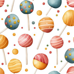Watercolor seamless pattern featuring lollipops, isolated on a white background, showcasing vibrant and artistic designs. PNG