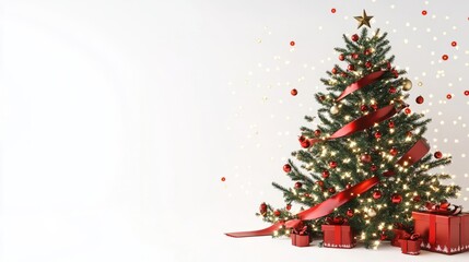  christmas tree with red ornaments and gifts against white background