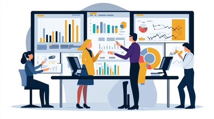 Vector illustration of office people: Optimizing business growth with integrated marketing and analytics solutions