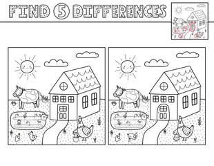 Fototapeta premium Find 5 differences activity page for kids with a farmhouse and cute farm animals. Puzzle game for developing attention for school and preschool. Vector illustration