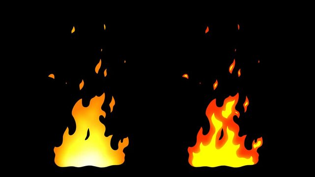 4K video collection of 2d frame by frame animation cartoon fire, bonfire isolated on alpha channel